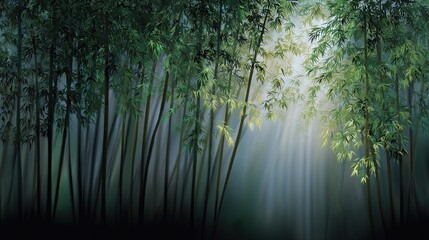 Obraz premium A painting showcases a bamboo forest bathed in sunlight, as the light filters through the tree leaves