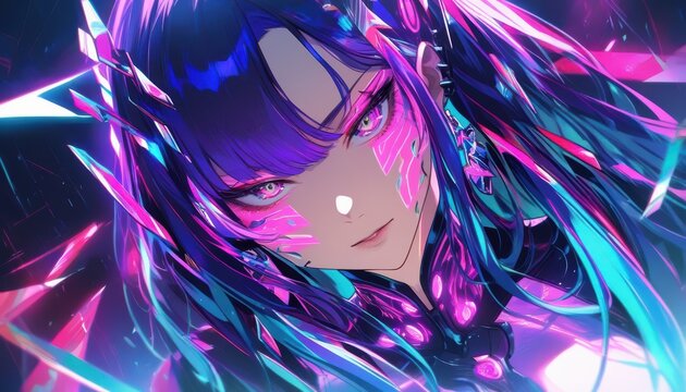 Intense Anime Face with Pink Digital Lines and Blue Purple Hair