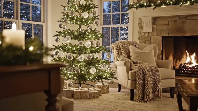 Cozy Christmas Living Room With Tree And Fireplace Ambience.