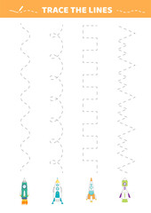 Trace the lines. Rockets way.  Writing practice for kindergarten and preschool. Activity for kids. Education for toddler. Isolated vector illustration eps 10