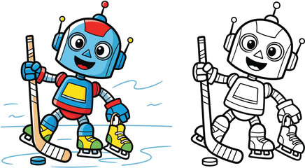 Cartoon robot playing ice hockey coloring book page vector illustration of a cute android holding a stick and skates on the ice rink for kids education