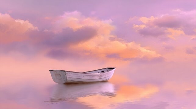  A white boat bobbing on water beneath a cloudy sky with shades of pink and purple
