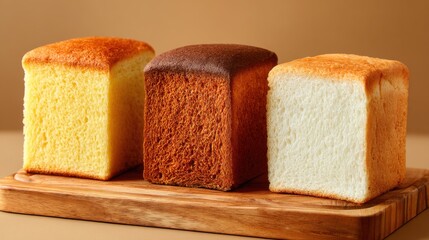 Trio of fluffy bread loaves in different shades on wooden board