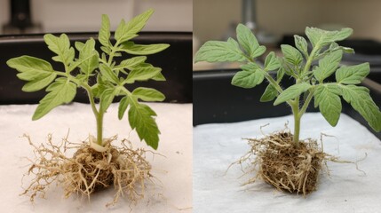 Tomato seedlings with exposed roots displayed side by side