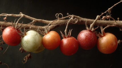 Ripe and unripe cherry tomatoes hanging on dried vine branch