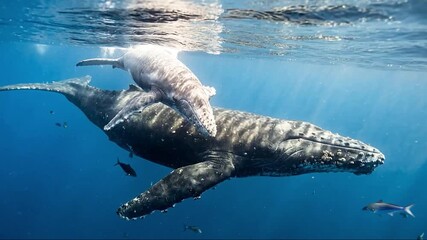 Humpback whale mother and calf swim together a heartwarming marine wildlife scene underwater photography