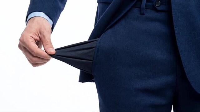 Man showing empty pocket financial trouble concept bankruptcy and economic crisis isolated on white