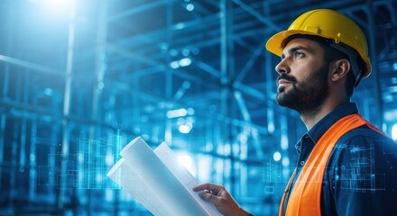 Visionary engineer in a yellow hard hat and safety vest holds blueprints, observing a project with a futuristic augmented reality interface showing digital schematics