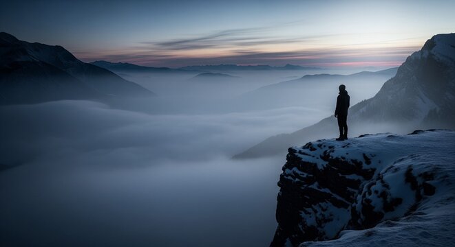Solitary figure on a snowy cliff overlooking a valley filled with fog.