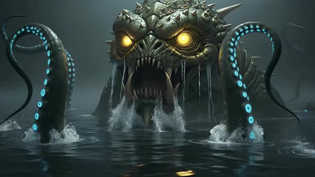 A colossal and menacing deep-sea creature emerges powerfully from dark, churning waters, its immense, spiked body and glowing yellow eyes dominating the eerie scene. Its wide, open maw reveals rows of