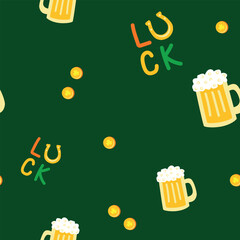 Green Seamless Pattern with Beer Mugs Coins and Lucky Letters