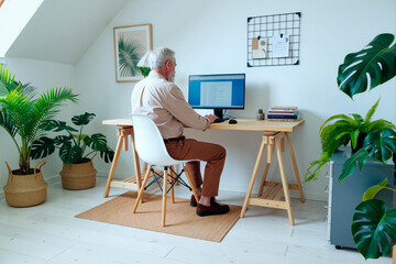 Senior man sitting at desk working on computer in modern office surrounded by green plants, focusing on screen and typing on keyboard, demonstrating business productivity