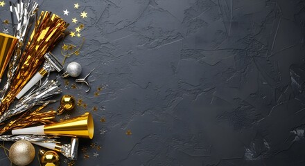 Festive new year s eve decoration with gold and silver on dark background