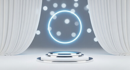 Modern minimalist tiered podium stage with glowing blue neon circle and elegant white curtains, perfect for product display, virtual presentations, or abstract backgrounds.