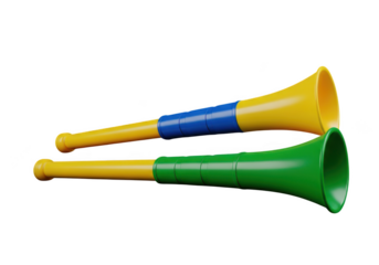 Two colorful vuvuzela horns isolated on transparent background for sporting events