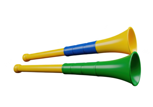 Two colorful vuvuzela horns isolated on transparent background for sporting events