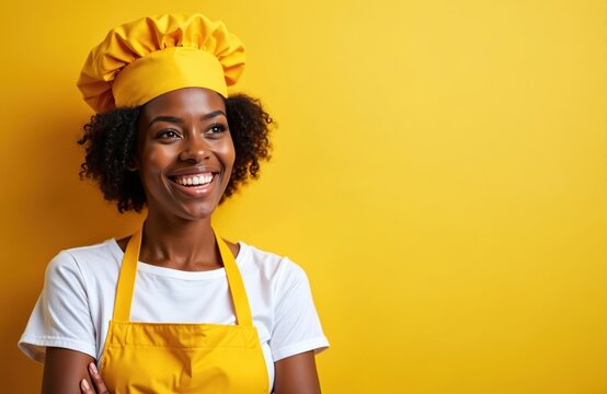 Happy black woman chef wears yellow apron, hat. Smiles brightly, looks aside, showing passion for cooking. Young pro cook curly hair. Vivid yellow background provides positive energy. Confident
