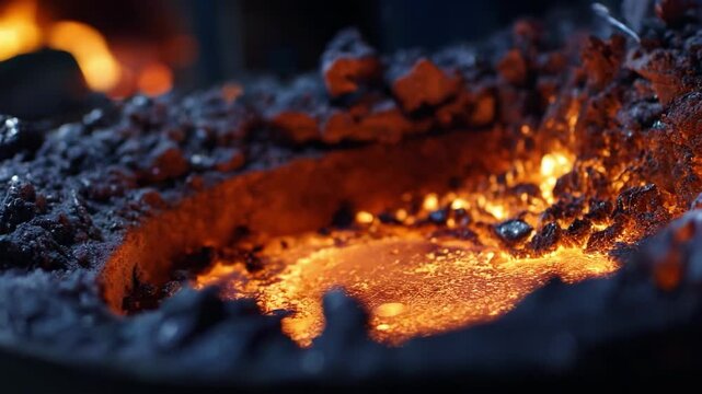 Closeup medium shot of molten titanium being melted in a hightemperature furnace as part of the recycling and metal recovery process.