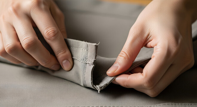 Woman's hands adjusting fabric on a sewing project at home - Powered by Adobe