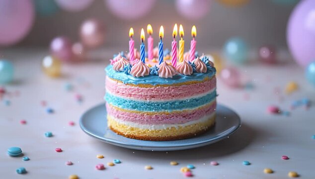 Colorful layered birthday cake topped with glowing candles, surrounded by soft pastel balloons and confetti, creating a joyful celebration scene perfect for party visuals