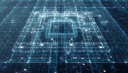 Digital Circuitry Blueprint: A captivating visual of a digital circuit board with a central processing unit, showcasing an intricate network of data flow and the power of technology.
