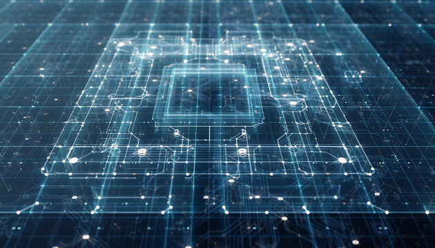 Digital Circuitry Blueprint: A captivating visual of a digital circuit board with a central processing unit, showcasing an intricate network of data flow and the power of technology.