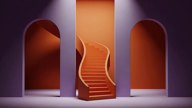 Repeating arched interiors with spiraling orange staircases in grid.