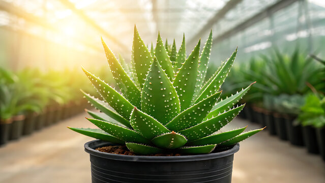 Close up of a vibrant green aloe vera plant in a black pot with sunlight streaming through a greenhouse