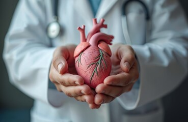 Doctor in white coat, stethoscope visible, holds anatomical heart model in cupped hands. Medical professional shows human organ. Cardiology, heart health, life preservation, medical care, disease