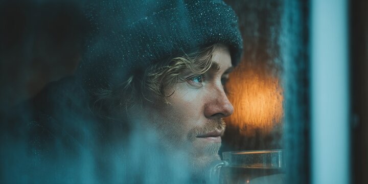 Cozy lifestyle moment of bearded blonde man in beanie enjoying tea by window, ideal for winter relaxation, comfort, and mindfulness marketing