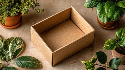 Open cardboard box surrounded by potted green plants on neutral surface