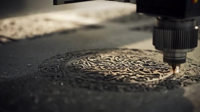Closeup of AIassisted engraving machine optimizing detailed patterns on metal surface in realtime showcasing precision and fluid motion for enhanced craftsmanship.