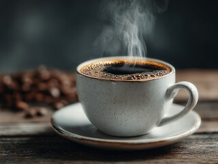 a white ceramic cup filled with black coffee, placed on a matching saucer. Steam is rising from the coffee, indicating it is hot. In the background