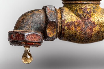 Symbolizing infrastructure decay and water waste, rusty leaking pipe valve highlights maintenance, repair, and environmental issues