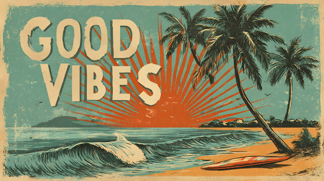 Retro beach poster design with palm trees and ocean waves for good vibes theme