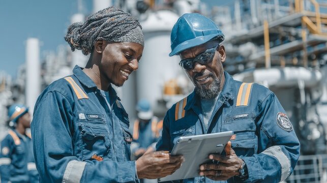 Diverse energy professionals collaborating with digital technology at modern gas facility, highlighting teamwork, innovation, and industry diversity in energy sector workplace