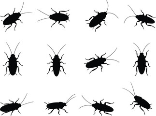 Black Cockroach Pests Silhouette Vector Set, Twelve Individual Roaches Infesting Home or Kitchen, Pest Control Problem, Unsightly Dirty Insect Nuisance