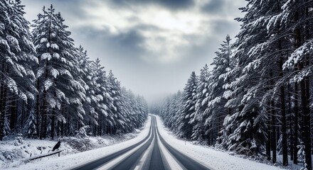 Winter road cuts through snowy forest near Harz Mountains, Germany.