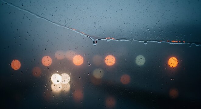 Raindrops on glass with blurred city lights at night creating moody mood.