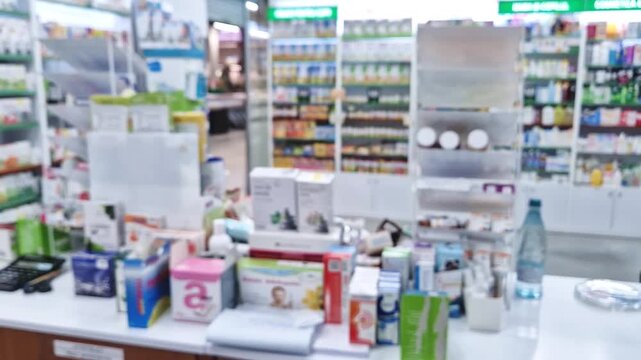 Blurred view inside a well-stocked pharmacy or drugstore, with white shelves filled with various health and beauty products, medicines and medical devices near the cashier station
