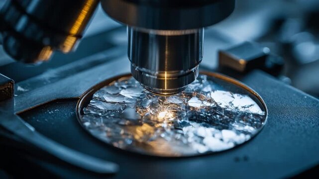 Closeup of antimony microstructure being examined under a microscope in a research lab showcasing crystal formations and metallurgical properties