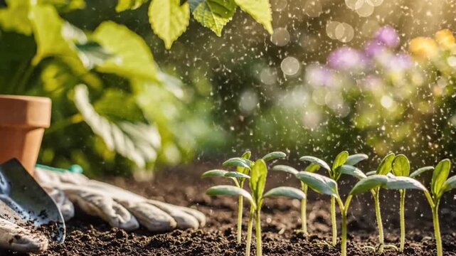 Close-up of seedlings being watered in a sunlit garden, with vibrant flowers and greenery in the background
