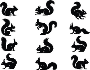 Twelve Black Squirrel Silhouettes Various Poses Vector Illustration Set, Wild Forest Mammal Collection, Rodent Animal Wildlife Graphics, Nature Park Mascot Design, Cute Energetic Fauna Artwork.