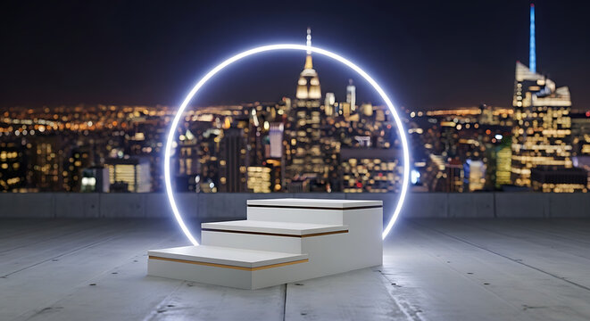 Empty white product display podium with glowing neon circle on a concrete rooftop overlooking a blurred New York City skyline at night - Powered by Adobe