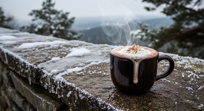 Steaming hot chocolate on snowy stone wall, scenic winter landscape
