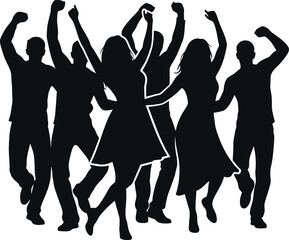 Silhouetted group of people dancing and celebrating together in a joyful scene