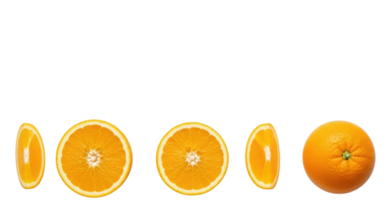 Photorealistic flat lay of two whole oranges, a halved one, and a quarter slice, arranged on a pure minimalist white background with copy space, concept of natural vitality and well-being