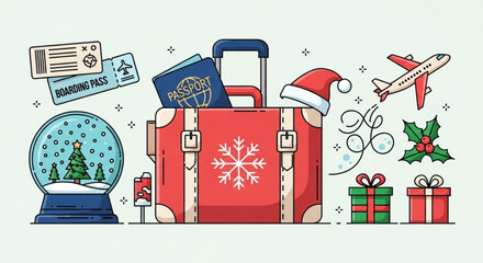 Festive holiday travel concept with suitcase, plane, gifts, passport, and snow globe, perfect for Christmas vacation planning and seasonal promotions