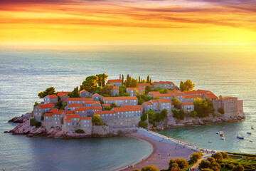 Old town and beach Sveti Stefan sea island, Budva, Montenegro, Europe