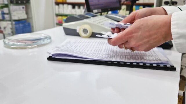 Close-up pharmacy counter and a stack of drug blister packs in foreground. A professional pharmacist handles the medication, using calculator, taking notes on a document as suggesting inventory